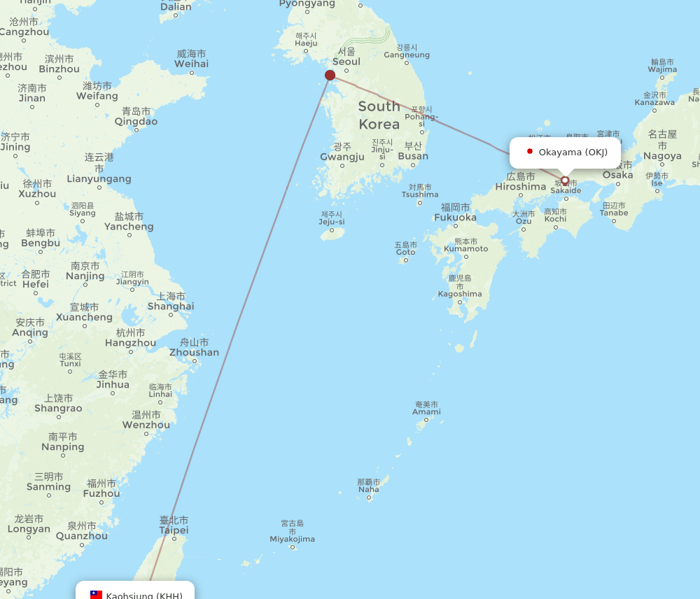 Kaohsiung - Okayama route map and flight paths