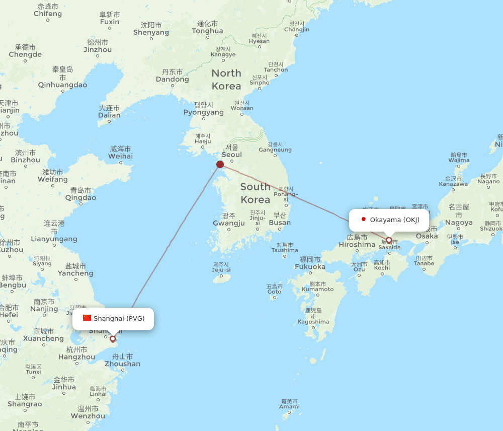 Shanghai - Okayama route map and flight paths