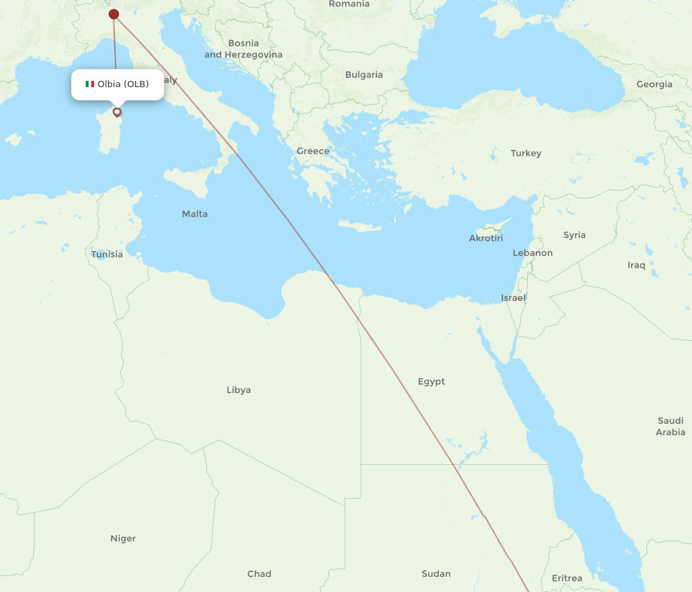 Addis Ababa - Olbia route map and flight paths