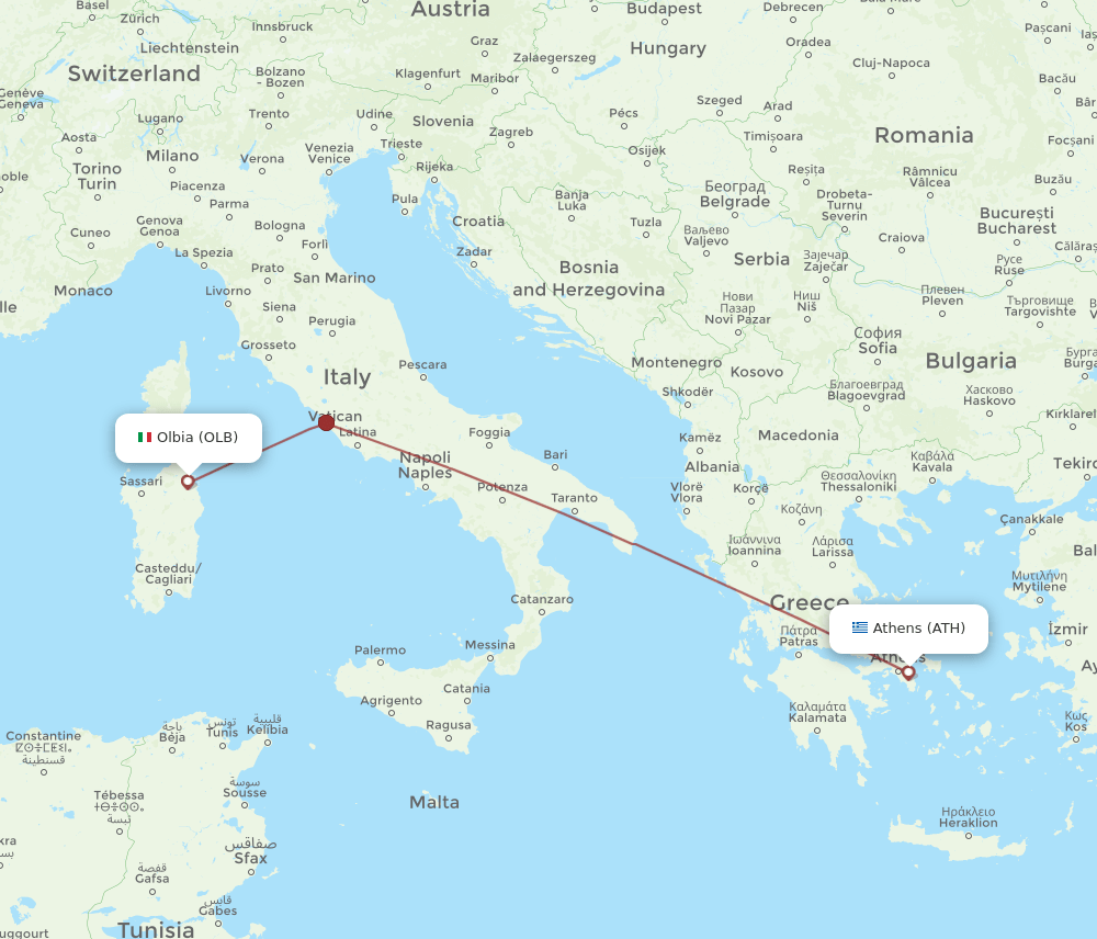 Olbia - Athens route map and flight paths