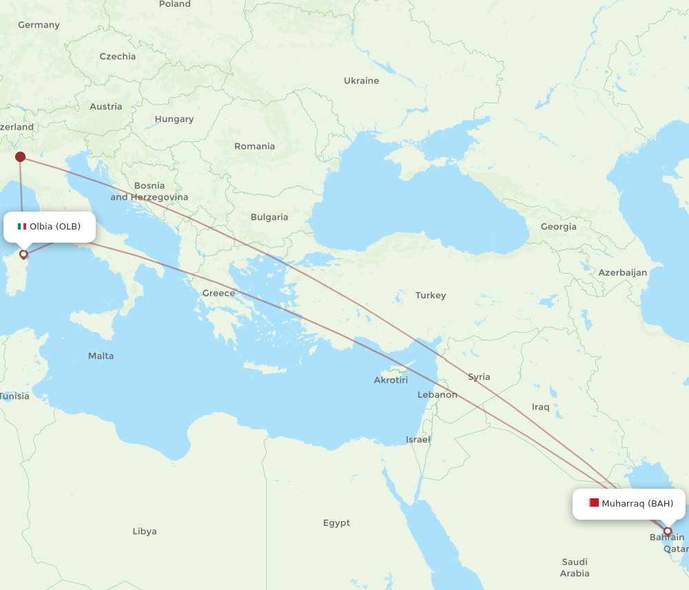 Bahrain - Olbia route map and flight paths