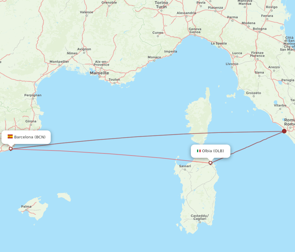 Olbia - Barcelona route map and flight paths