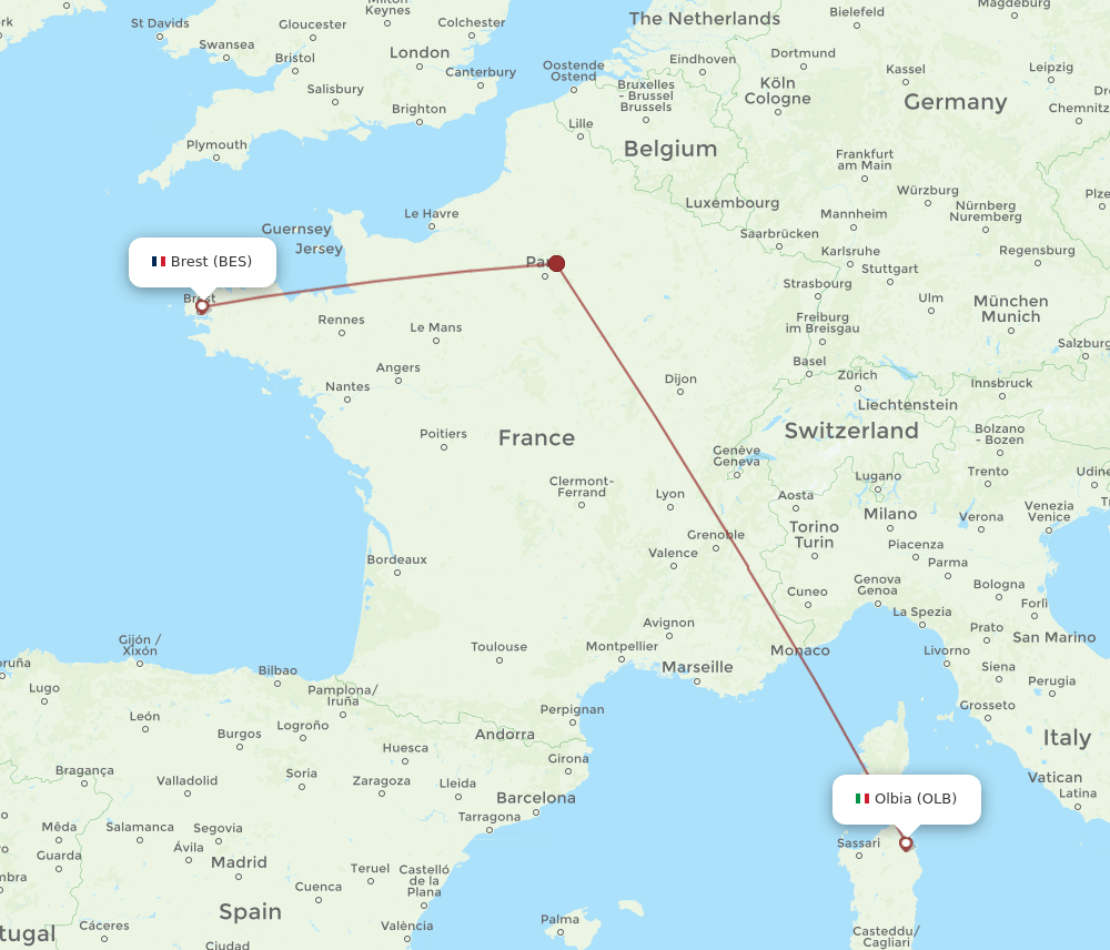 OLB to BES flights and routes map