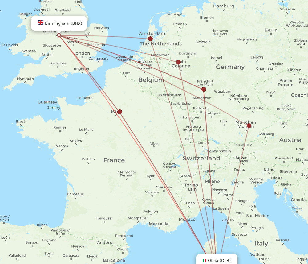 OLB to BHX flights and routes map