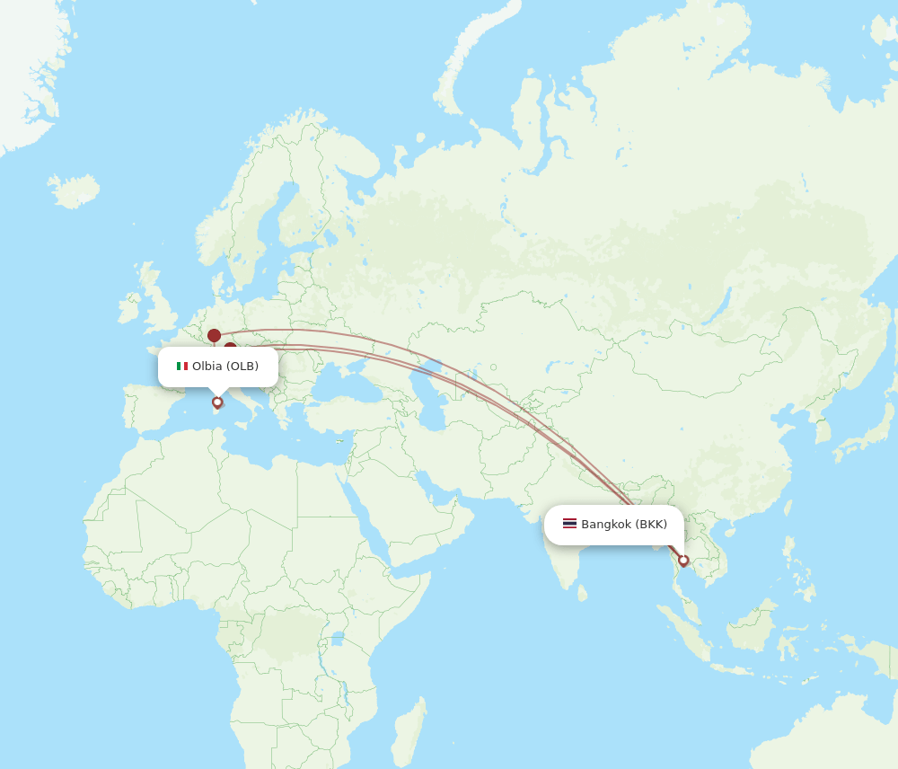 Bangkok - Olbia route map and flight paths