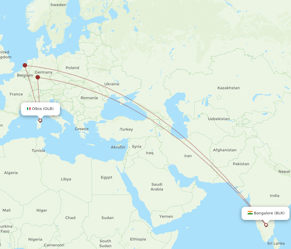 Bengaluru - Olbia route map and flight paths