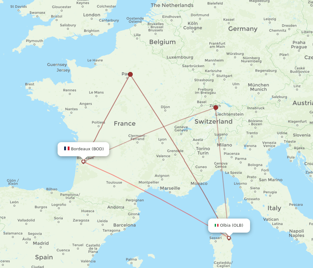 OLB-BOD flight routes