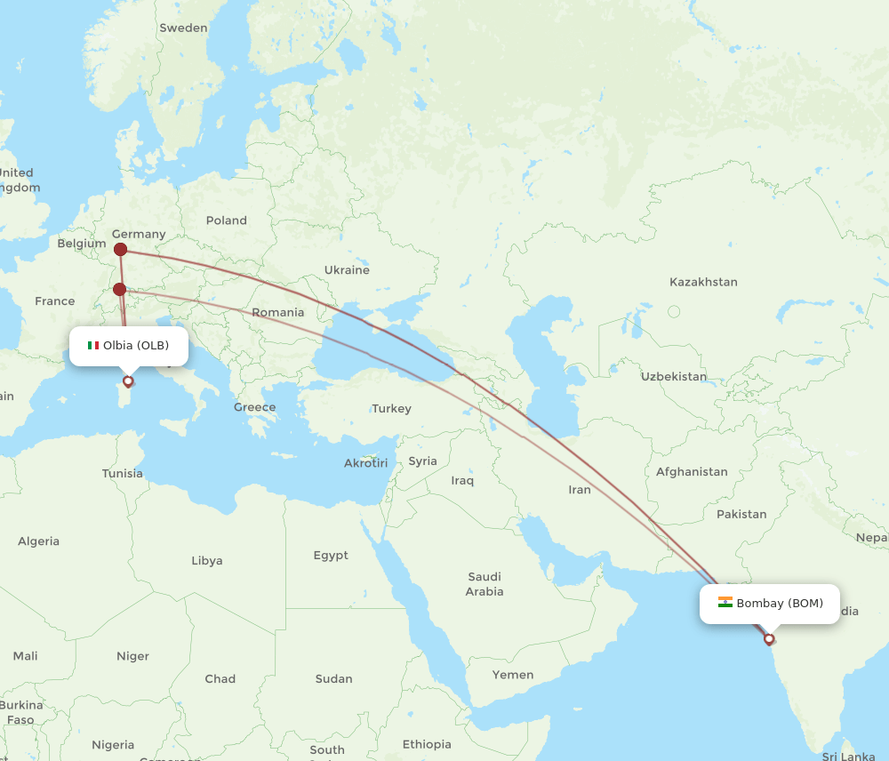 Mumbai - Olbia route map and flight paths
