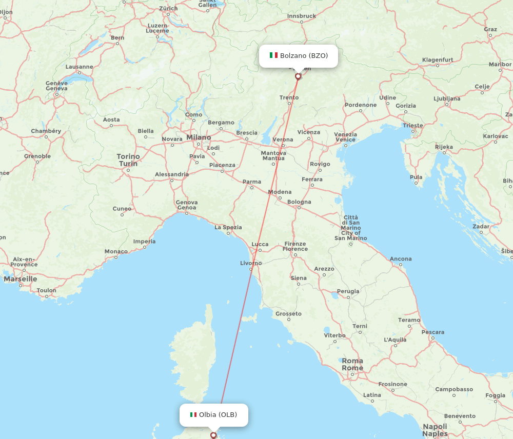 OLB to BZO flights and routes map