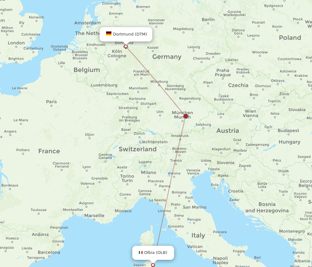 Dortmund - Olbia route map and flight paths