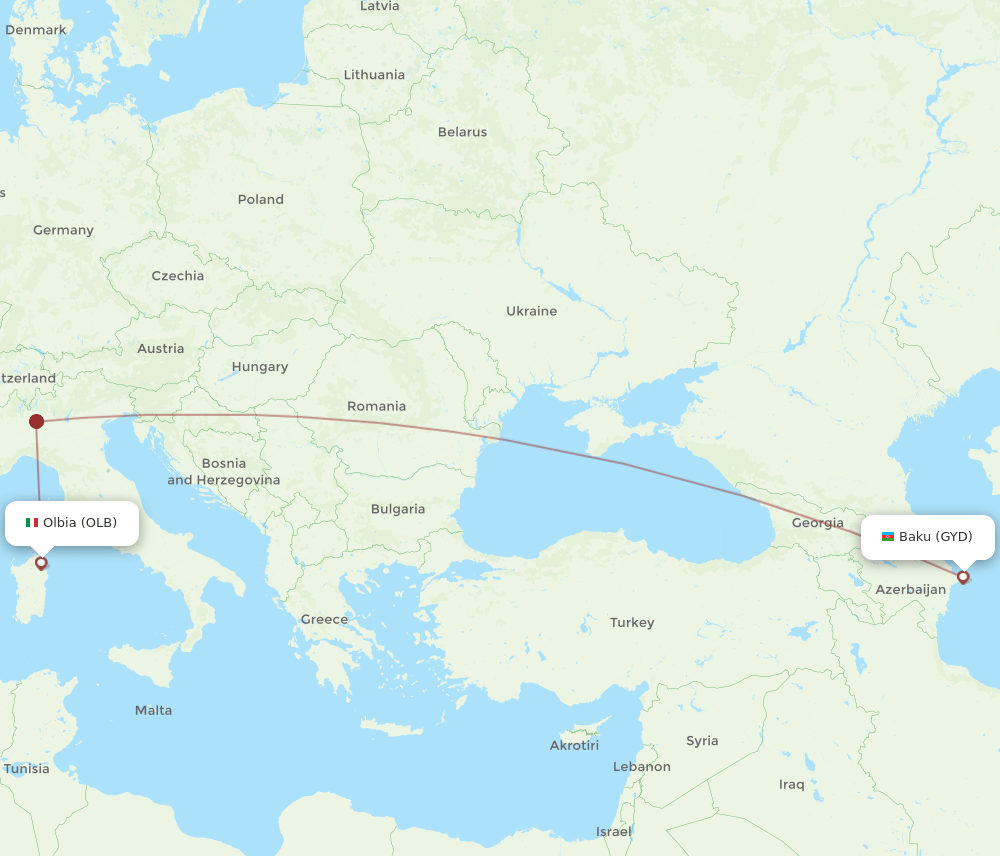 Baku - Olbia route map and flight paths