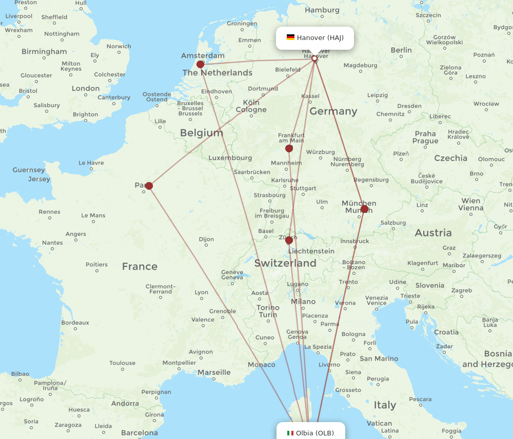 OLB to HAJ flights and routes map