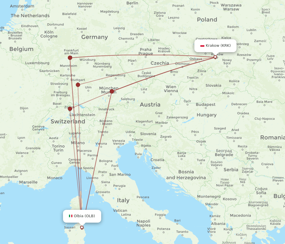 OLB-KRK flight routes
