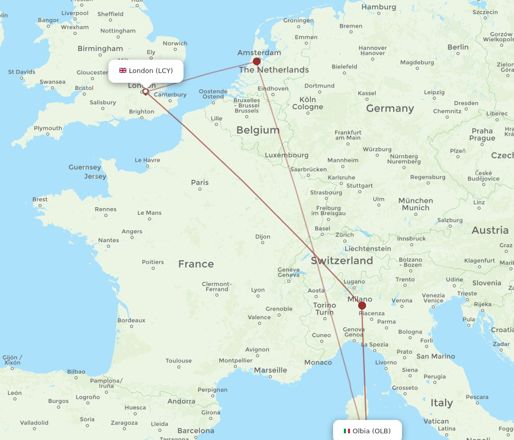 OLB to LCY flights and routes map