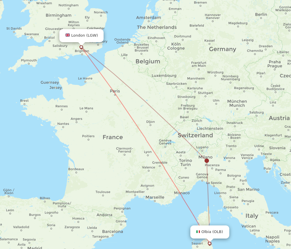 OLB to LGW flights and routes map
