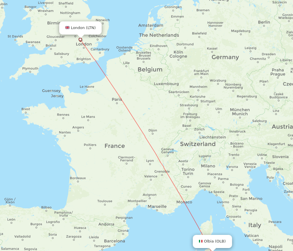 Olbia - London route map and flight paths