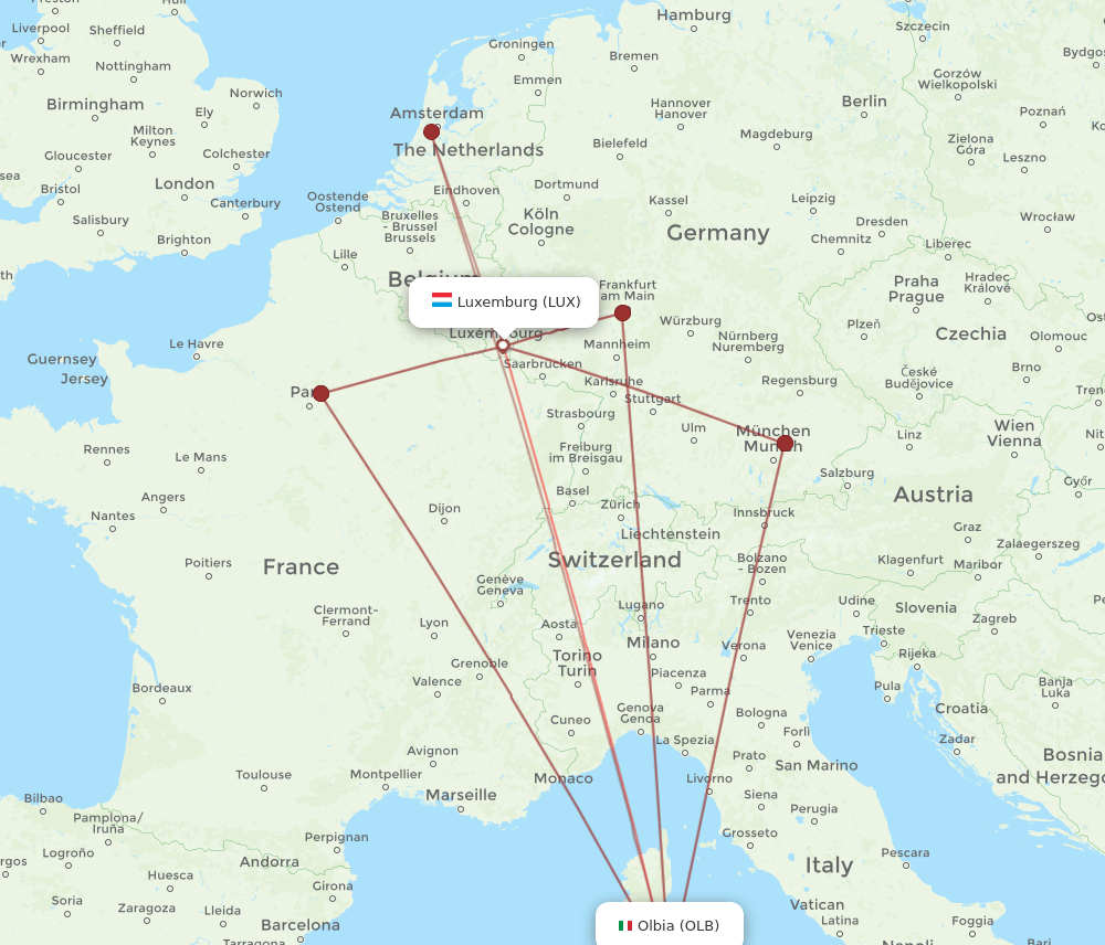 OLB to LUX flights and routes map