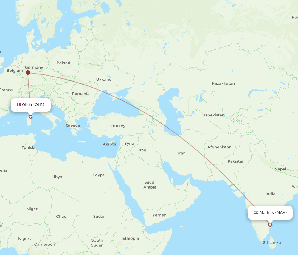 Chennai - Olbia route map and flight paths