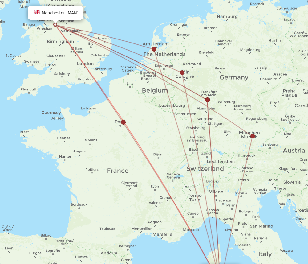OLB to MAN flights and routes map