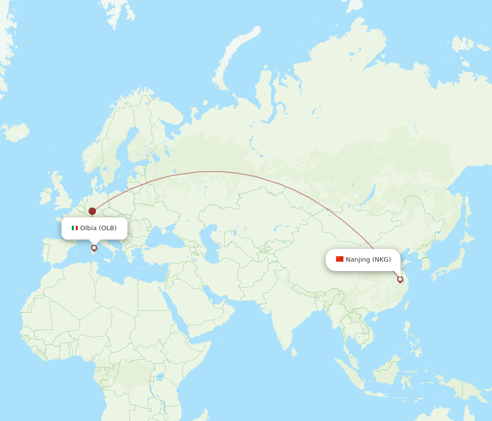 Nanjing - Olbia route map and flight paths