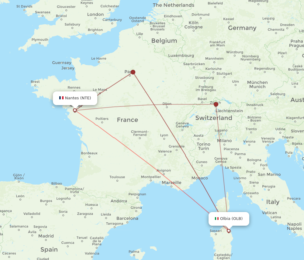 OLB to NTE flights and routes map