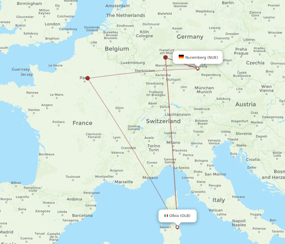OLB to NUE flights and routes map