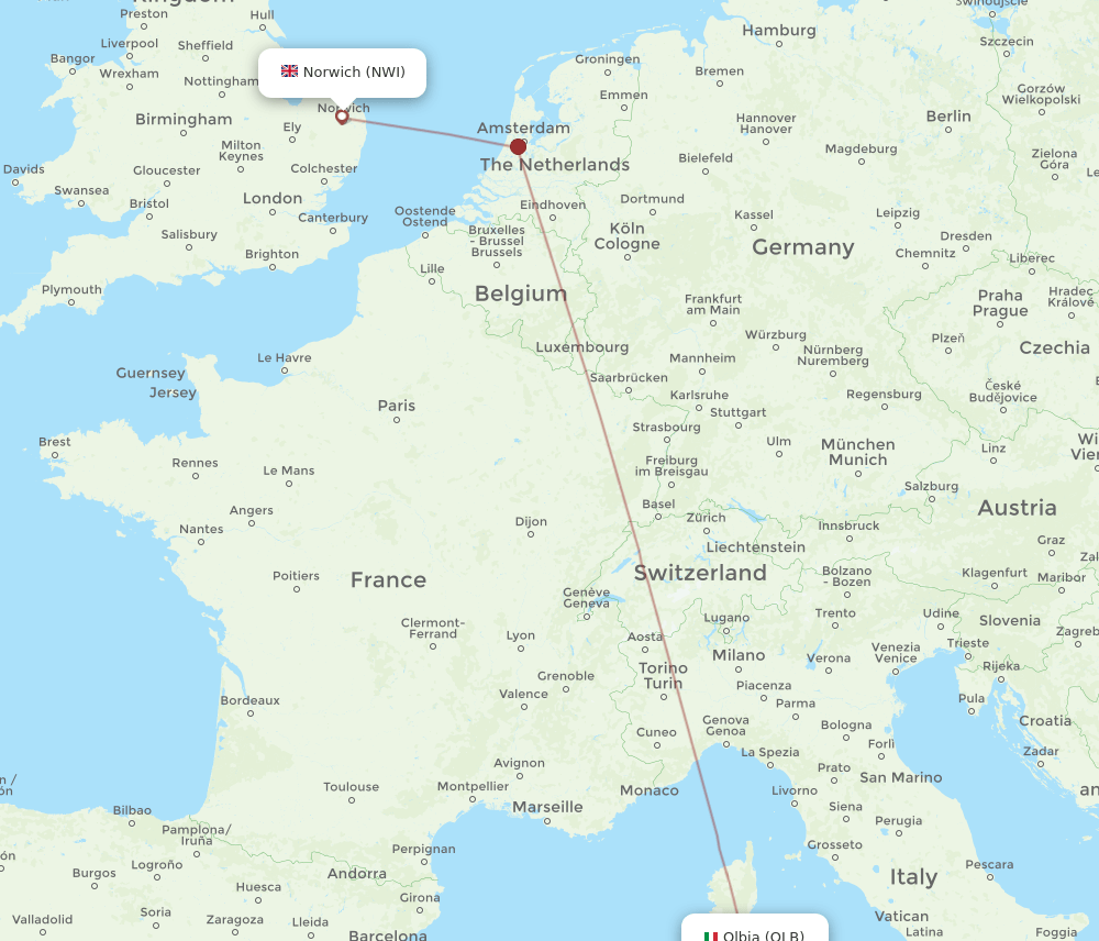 Norwich - Olbia route map and flight paths