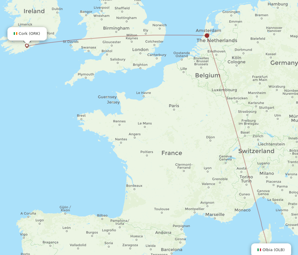 Cork - Olbia route map and flight paths