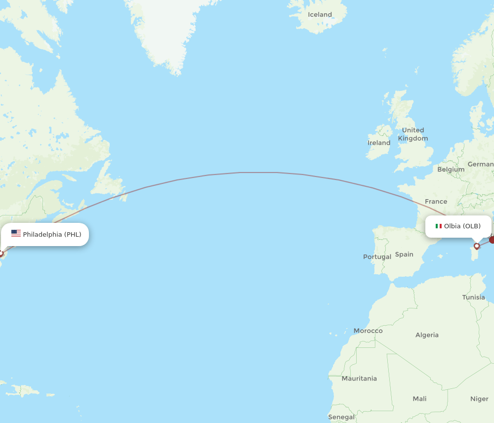 OLB to PHL flights and routes map