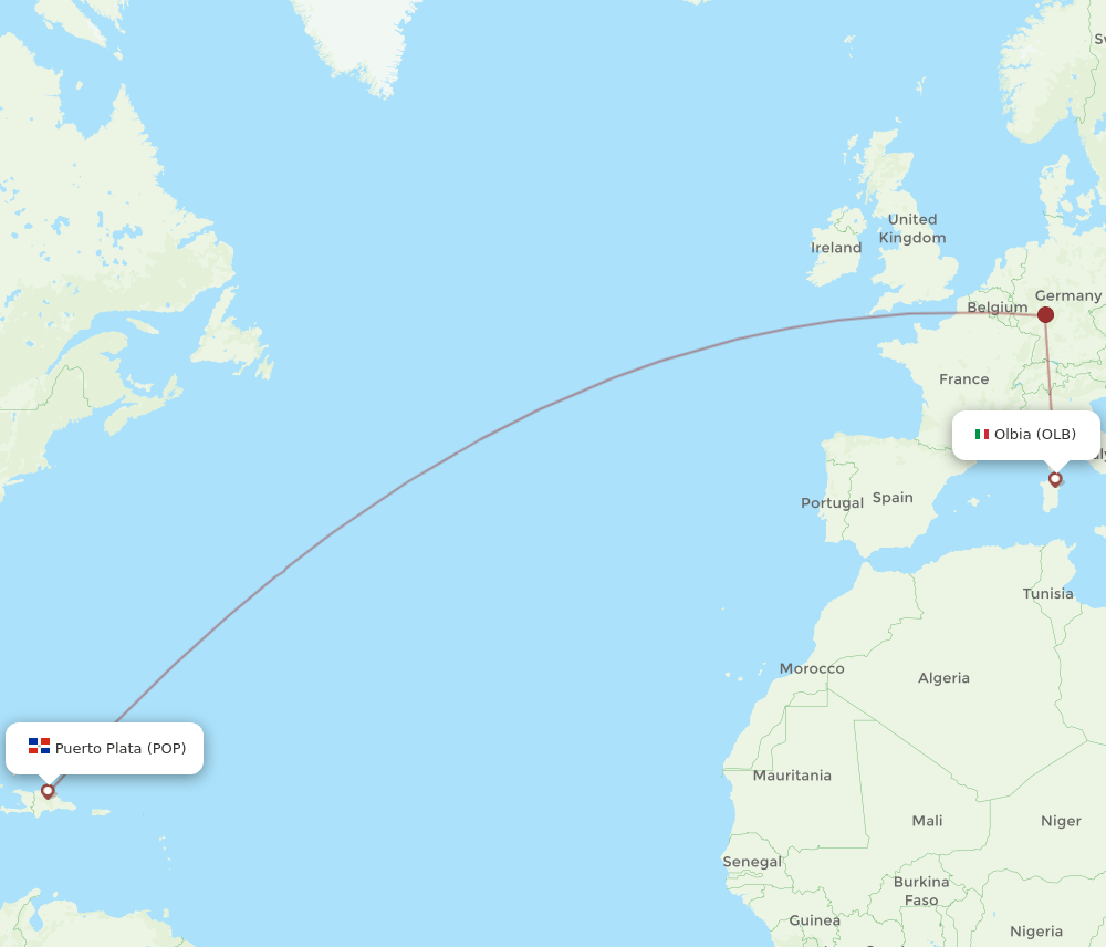 Puerto Plata - Olbia route map and flight paths