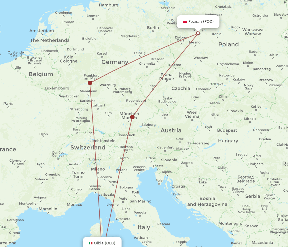 OLB to POZ flights and routes map
