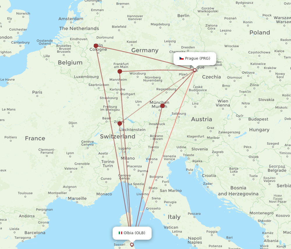 OLB-PRG flight routes