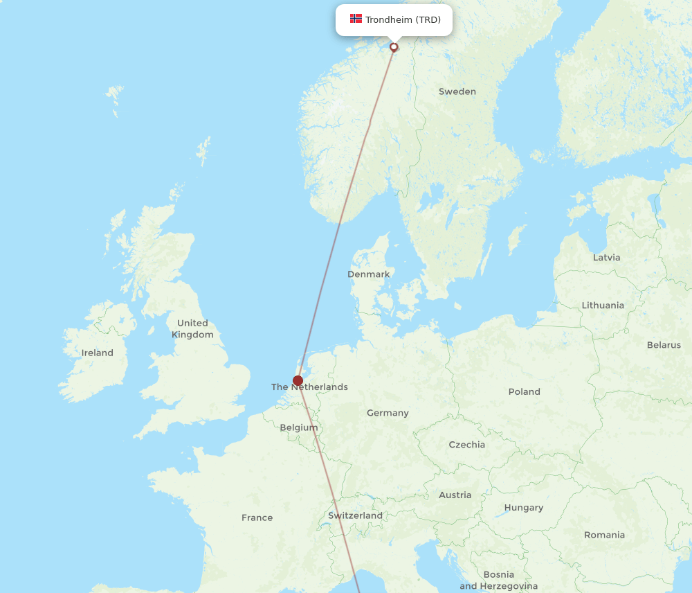 Trondheim - Olbia route map and flight paths