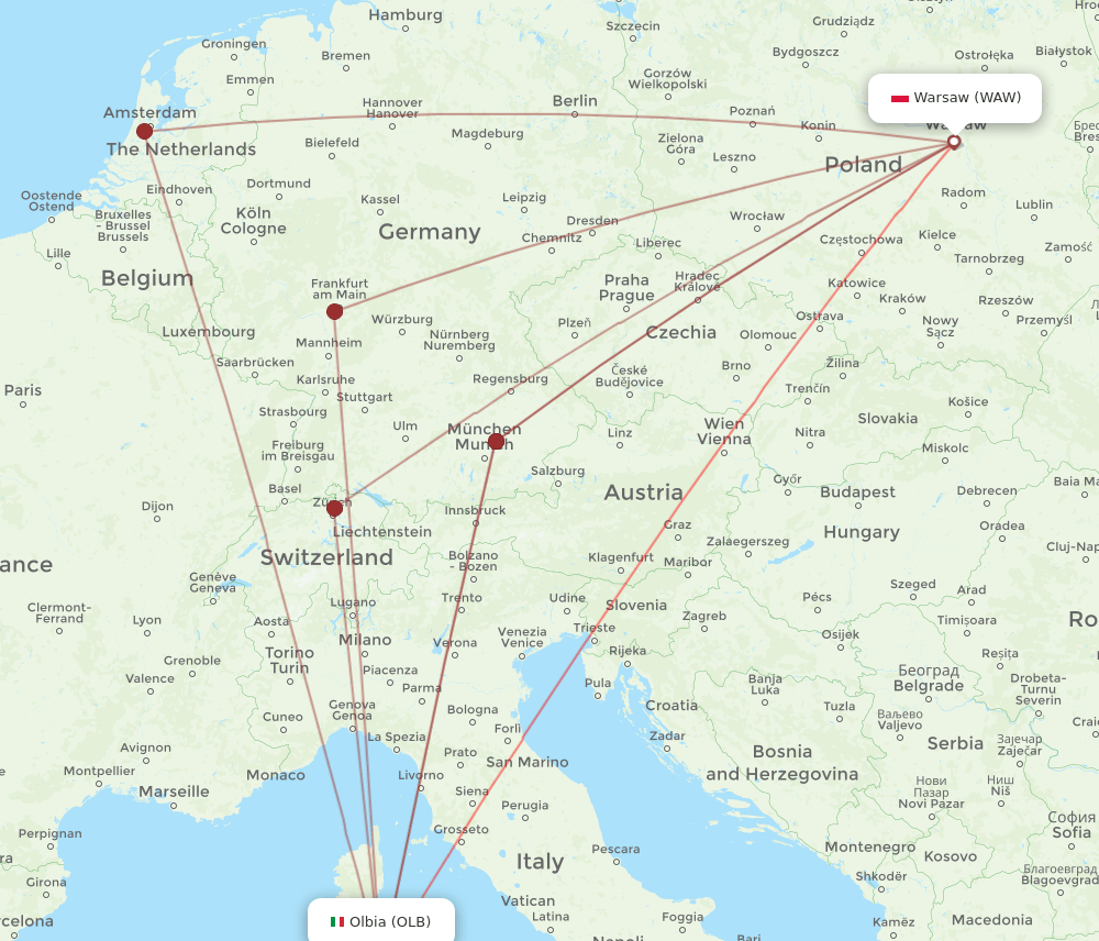 OLB-WAW flight routes