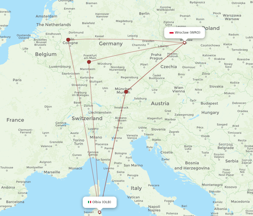 OLB-WRO flight routes