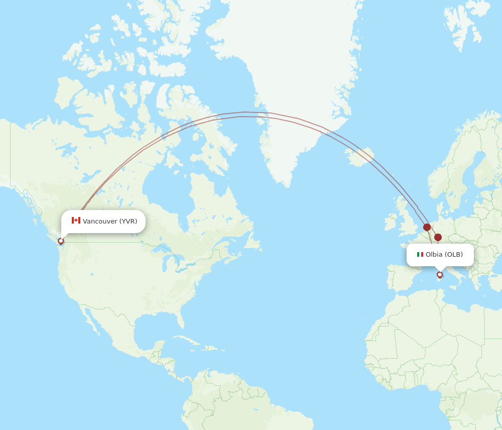 OLB-YVR flight routes