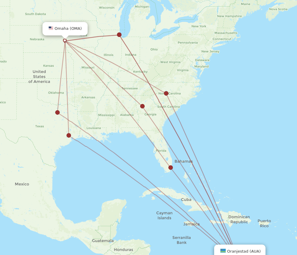 OMA to AUA flights and routes map