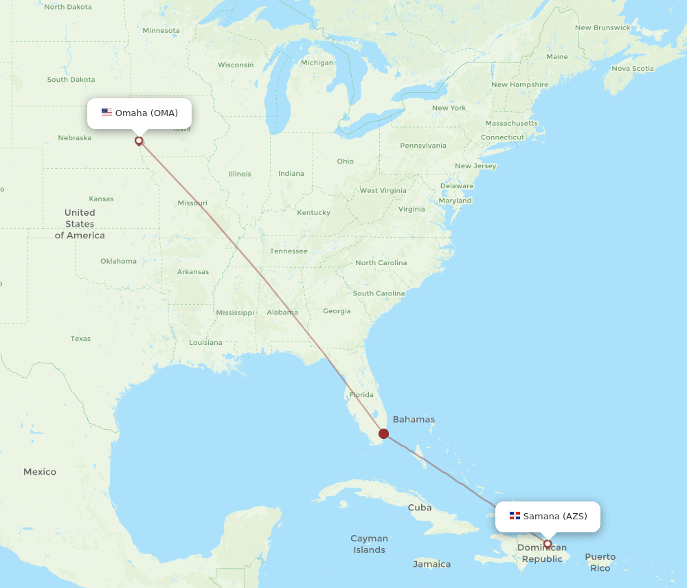 Omaha - El Catey/Samana route map and flight paths