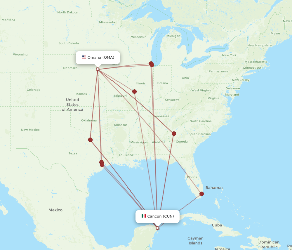 OMA to CUN flights and routes map