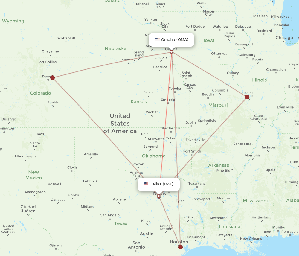 OMA to DAL flights and routes map