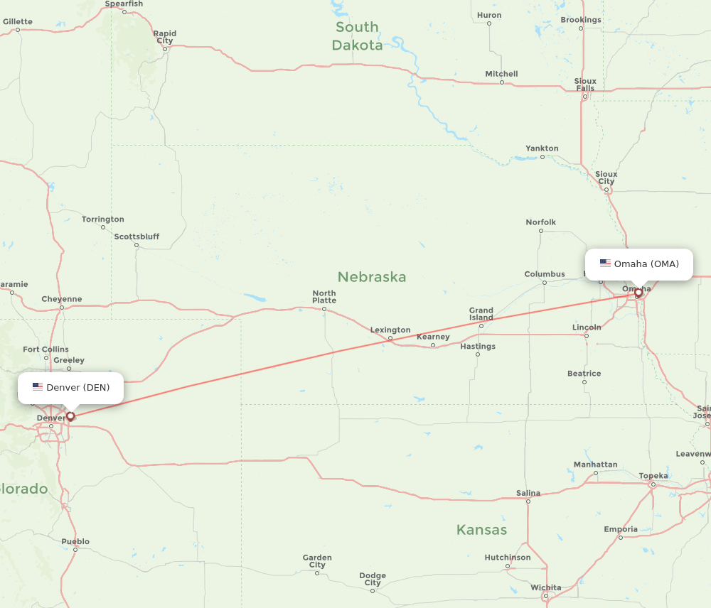 Omaha - Denver route map and flight paths