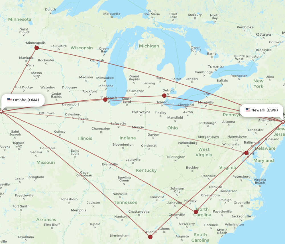 OMA to EWR flights and routes map