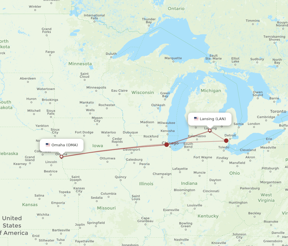 OMA-LAN flight routes