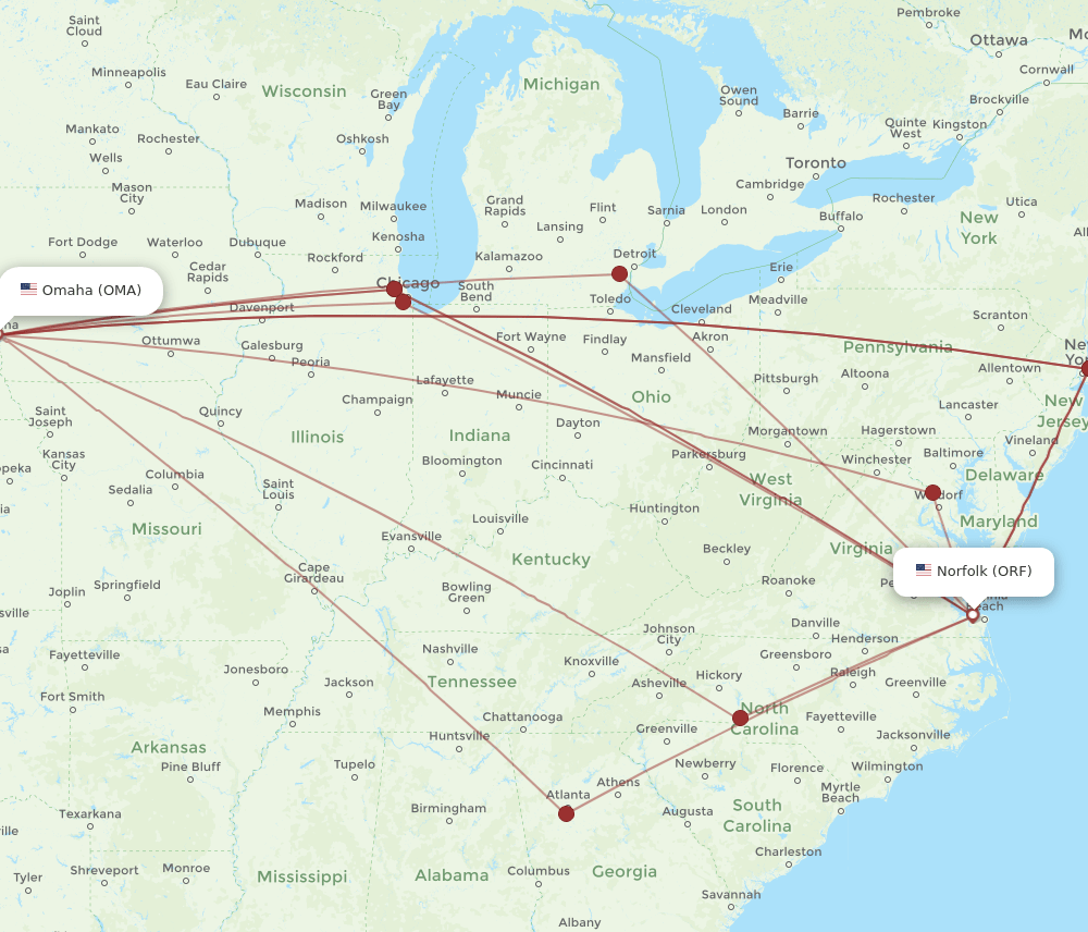 OMA to ORF flights and routes map
