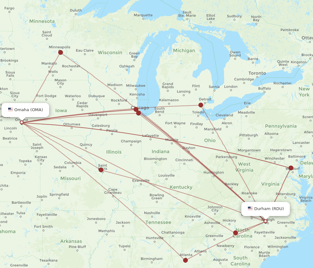 OMA-RDU flight routes