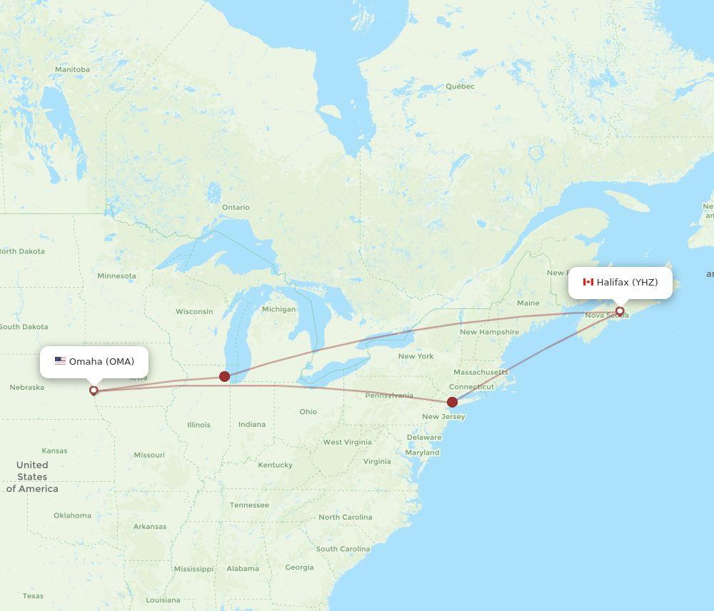 Halifax - Omaha route map and flight paths
