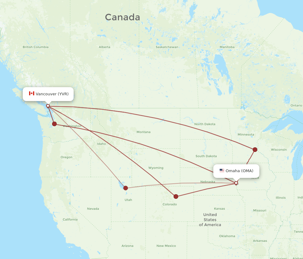Vancouver - Omaha route map and flight paths