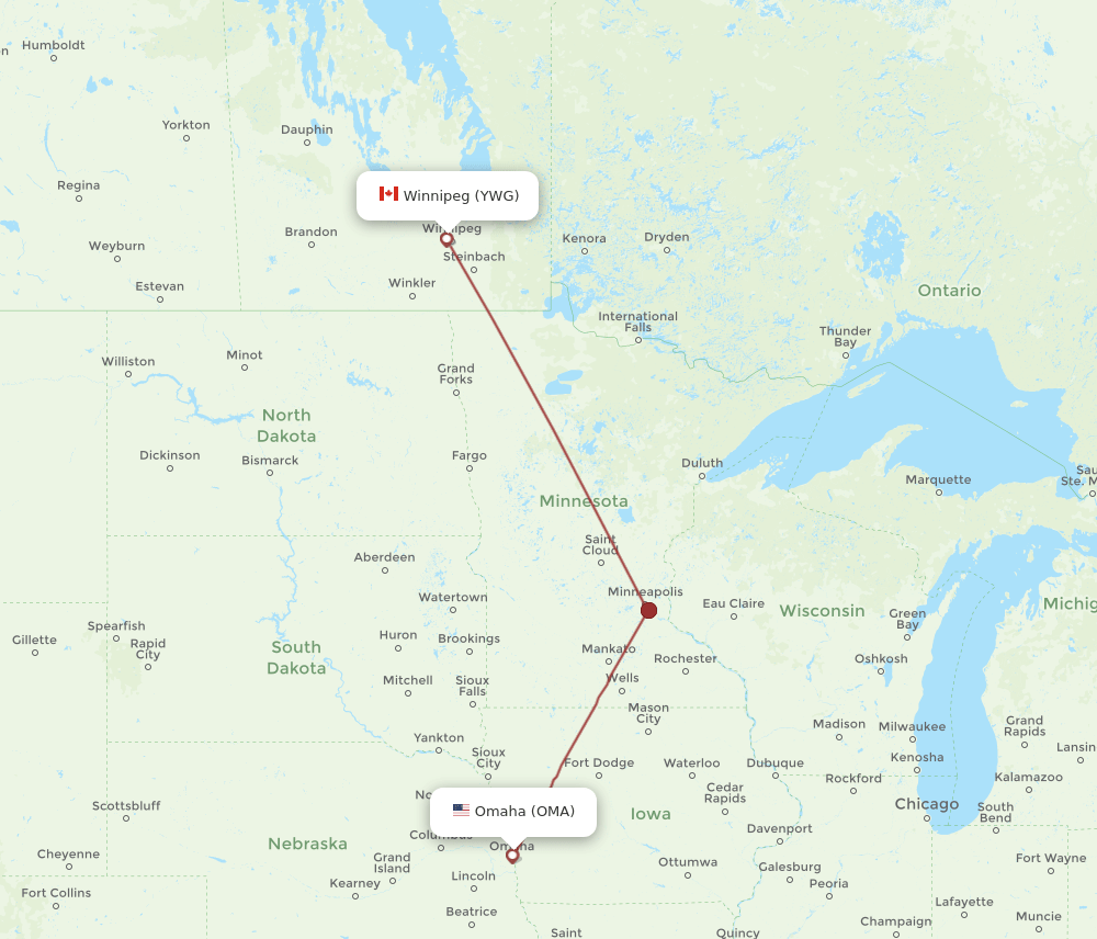 Winnipeg - Omaha route map and flight paths