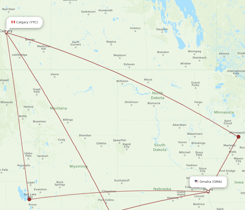 Calgary - Omaha route map and flight paths