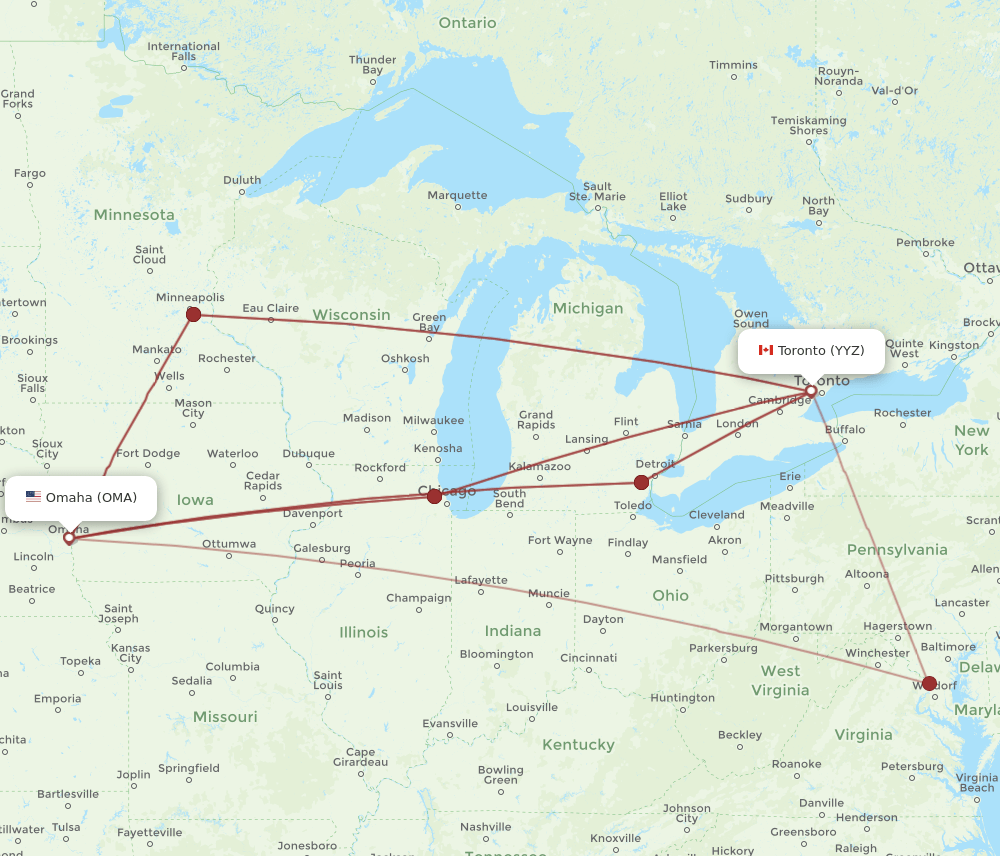 Toronto - Omaha route map and flight paths